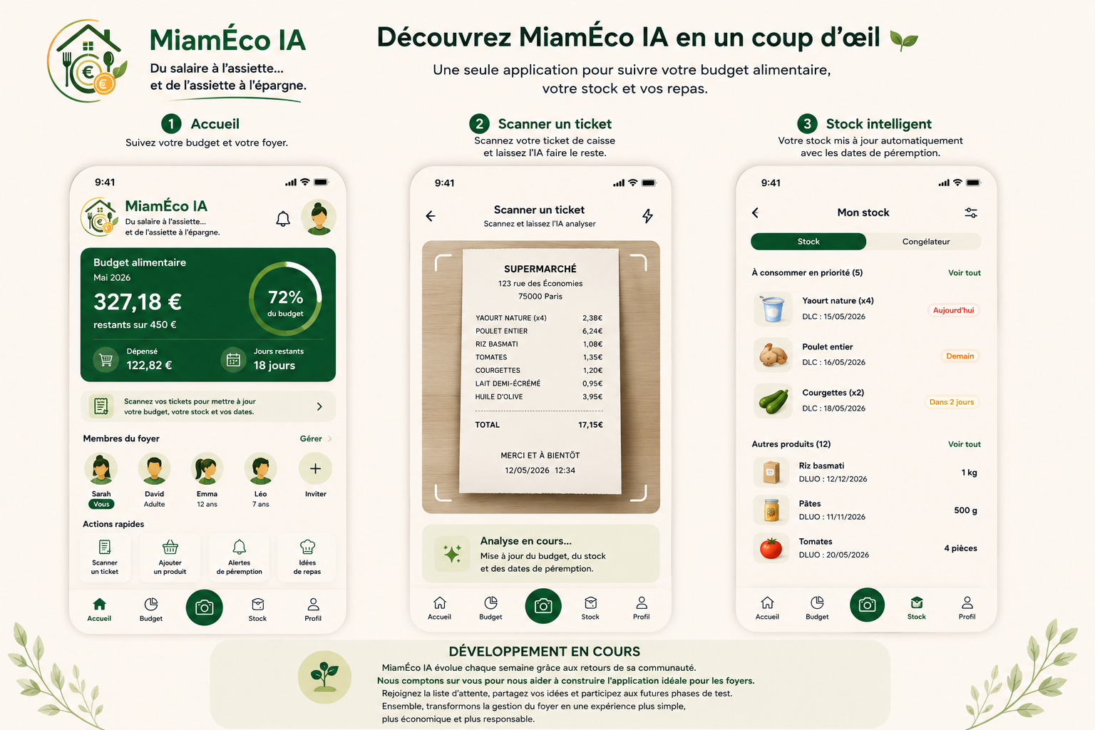 Aperçu des écrans MiamÉco IA : Accueil, Scanner un ticket, Stock intelligent